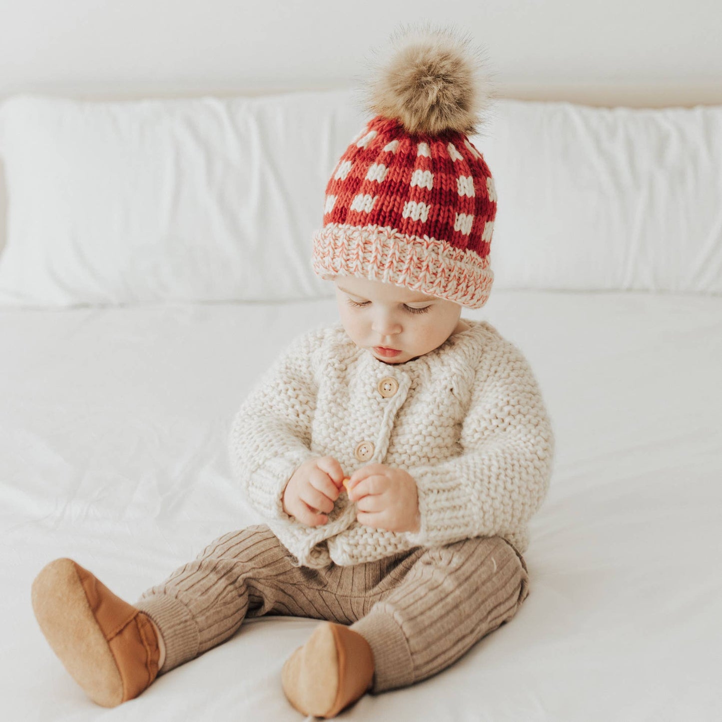 Festive Buffalo Check Pom Pom Beanie Hat Baby & Kids