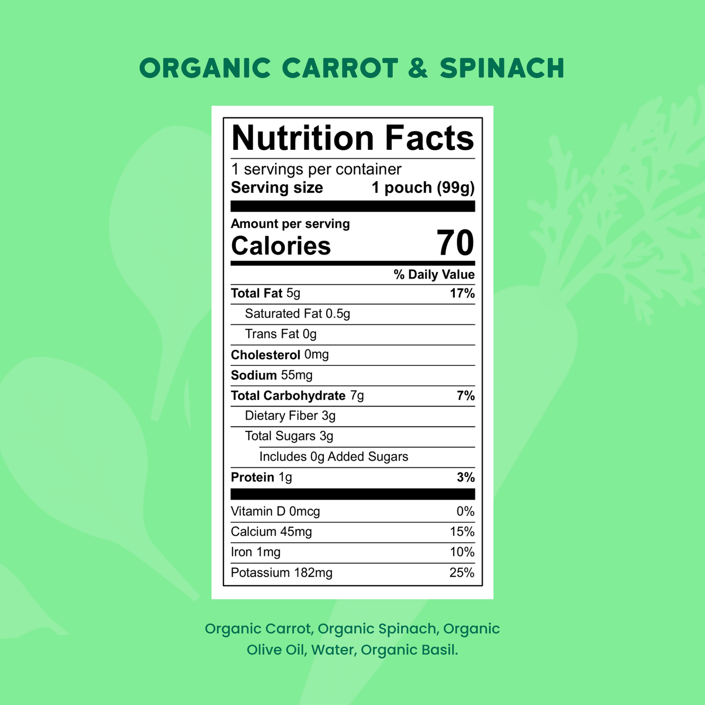 Organic Carrot, Spinach & Basil with Organic Olive Oil (12 Pouches)