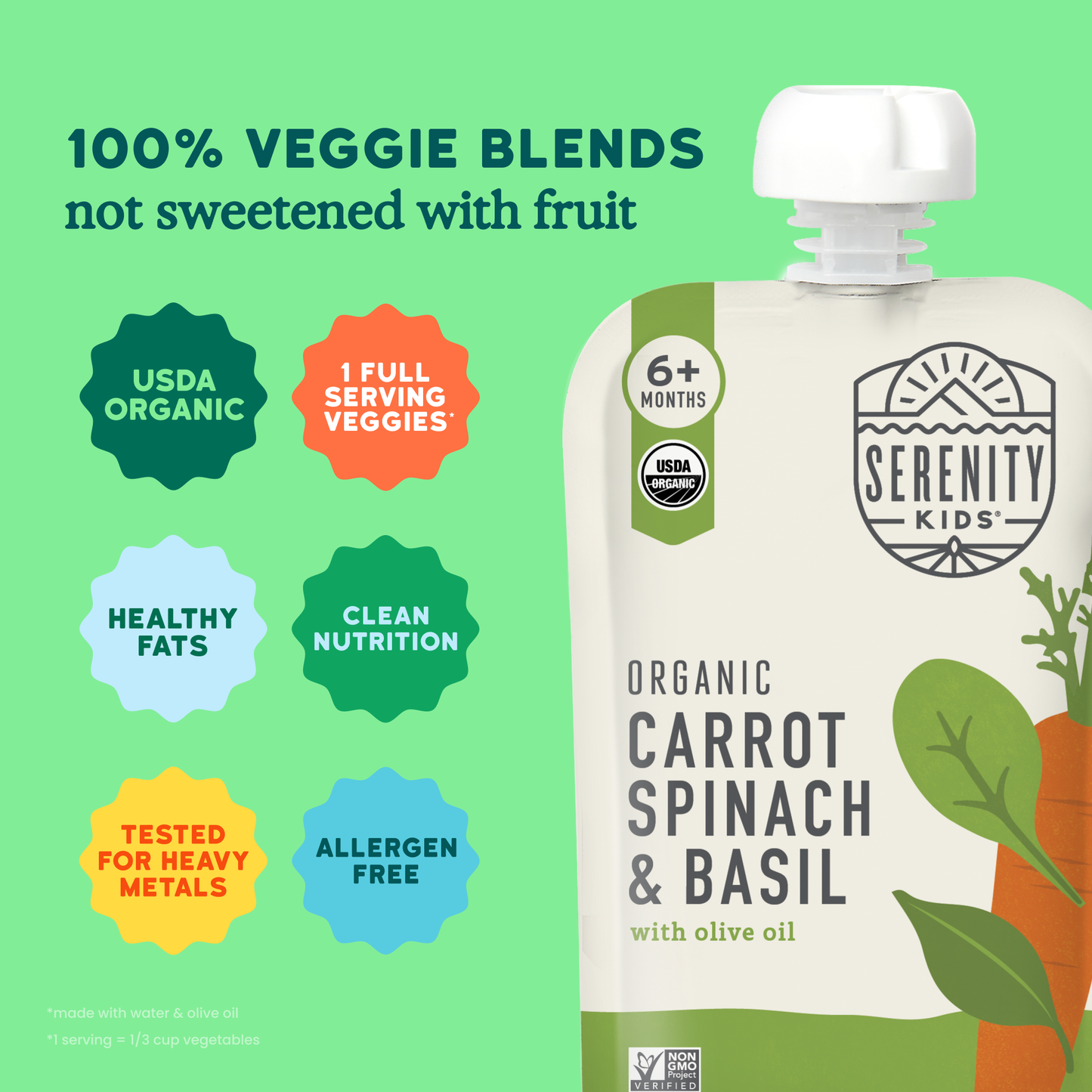 Organic Carrot, Spinach & Basil with Organic Olive Oil (12 Pouches)